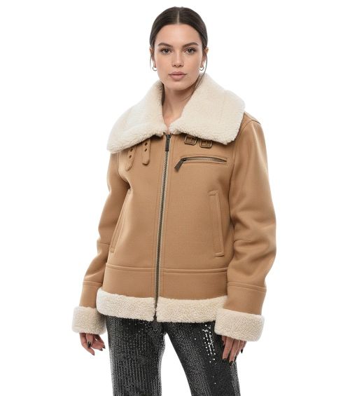 Beige Solid Shirt Collar Jacket