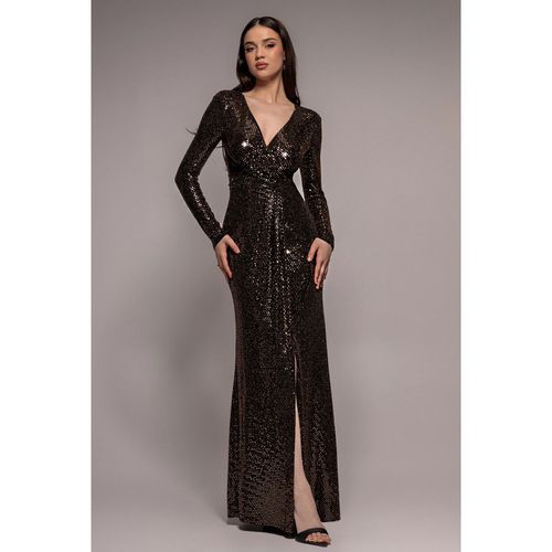 Goddiva Sequin Glitter Lurex Long Sleeve Wrap Maxi Dress - Rose Gold
