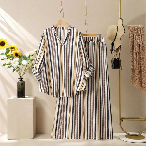 "Women's Striped Print V-Neck Lounge Set - Soft Long Sleeve Top & Comfort Pants Autumn Winter Matching Outfit