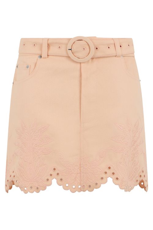 Pastel Pink Short Denim Skirt with Perforations & Embroidered Hem