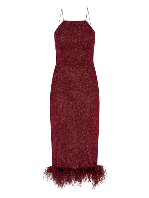 Feather-trimmed sparkle midi dress - Red