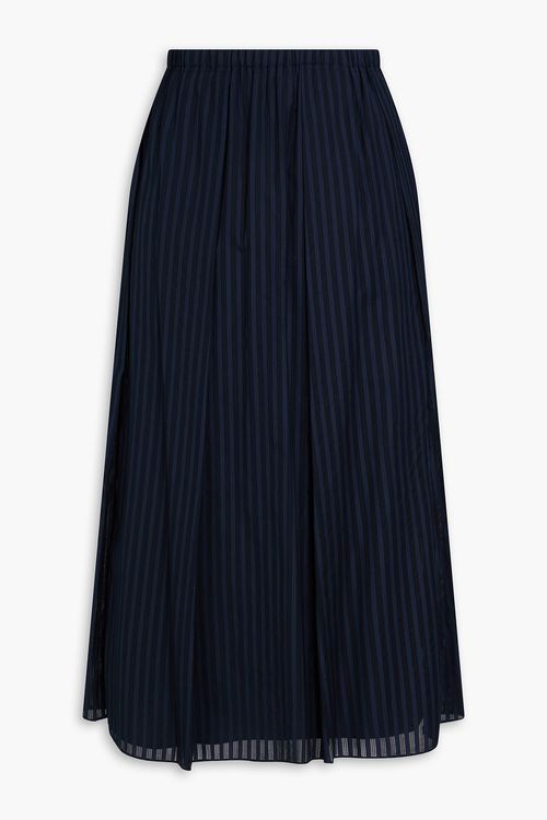 Pleated striped cotton-voile midi skirt - Blue - L