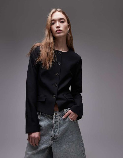 Topshop round neck collarless blazer in black-Gray