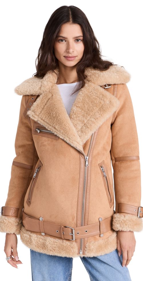 Bonded Faux Shearling Biker Jacket Toffee