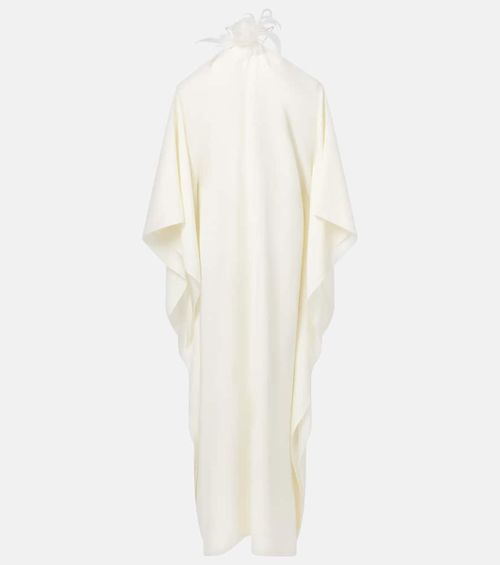 Feather-trimmed off-shoulder gown