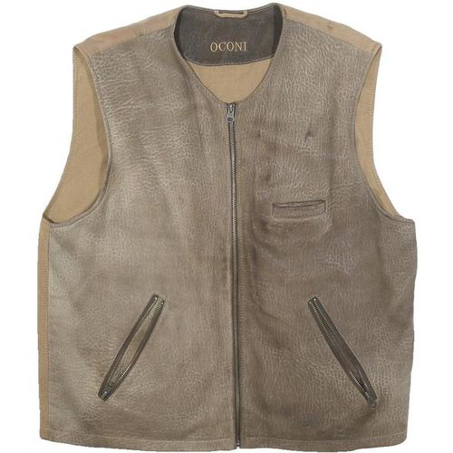 OCONI Mens Beige Leather Zip Jacket L Leather Vest Fashion Outerwear Casua