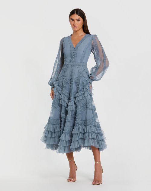 Blue Long Sleeve V-neck Micro Ruffle Wedding Guest Midi Dress In Slate Blue