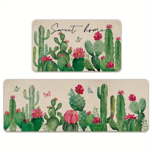 TEMU Seasonal , Cactus Kitchen Rug Set - Sweet Succulent With Red Flowers & Butterflies, Machine Washable Polyester Floor Mats For Dining & Living