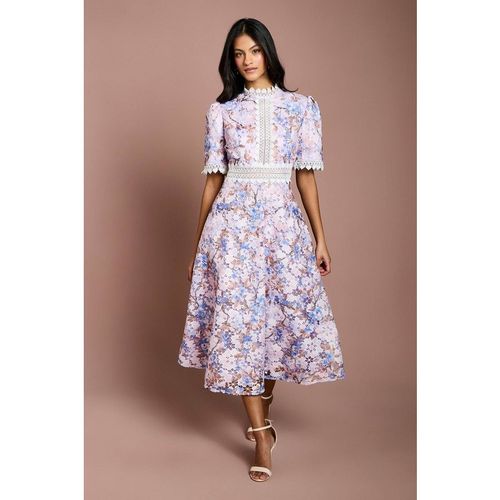 Coast Women's Petite Printed Lace Short Sleeve Trim Detail Midi Dress in Lilac