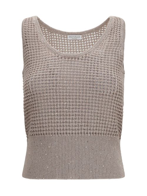 Perforated Sequin Tank Top — Beige