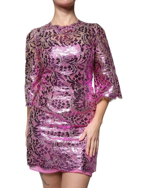 Metallic Floral Lace Dress — Fuchsia