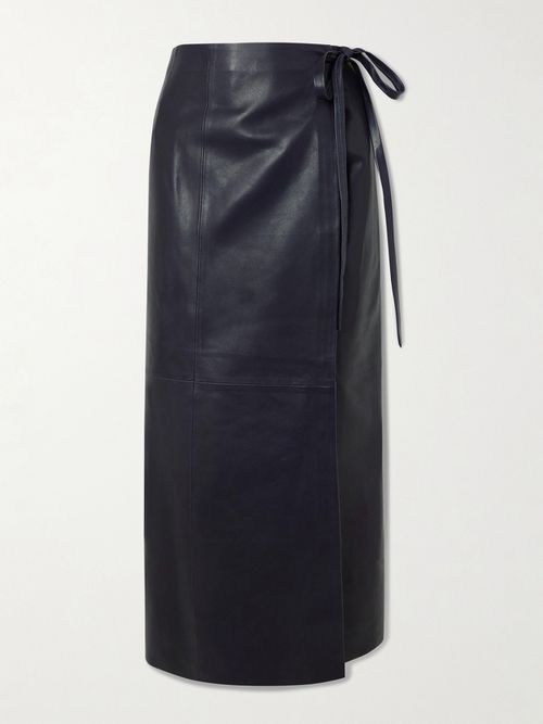 Paneled Leather Maxi Wrap Skirt - Blue