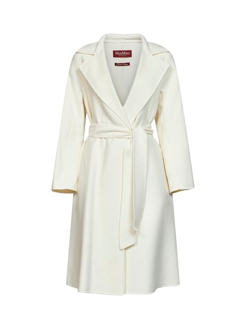 Virgin Wool Blend Long Wrap Coat — Beige