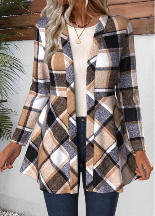 Modlily Light Coffee Plaid Long Sleeve Coat