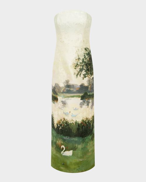Ava Landscape-Print Jacquard Bustier Maxi Dress