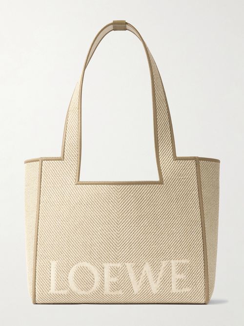 Font Medium Embroidered Leather-trimmed Canvas-jacquard Tote - Neutrals