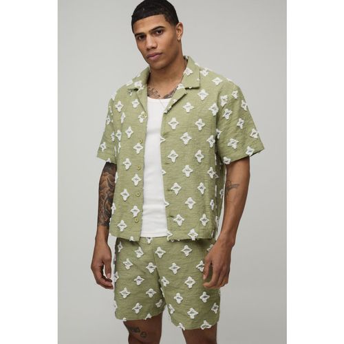 BoohooMAN Mens Oversized Tufted Woven Shirt & Relaxed Short Set - Green Cotton