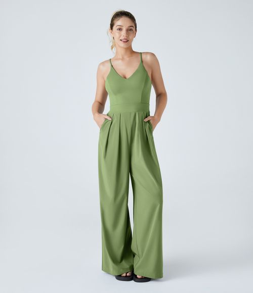 Breezeful™ Backless Side Invisible Zipper Pocket Wide Leg Quick Dry Resort Slip Jumpsuit  - Hot Wasabi - Green