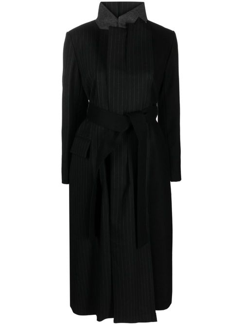 Belted pinstripe-pattern wool coat - Black