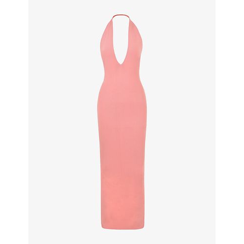 Womens Apricot Camelia Plunge-neck Leg-split Stretch-jersey Maxi Dress 