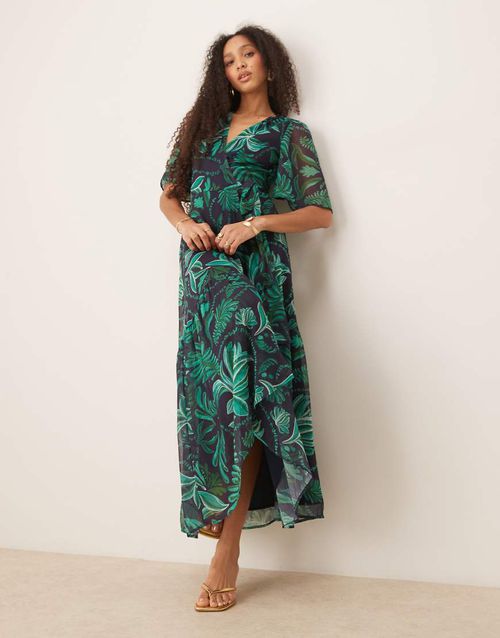 Flutter sleeve maxi wrap dress in turquoise palm print-Green