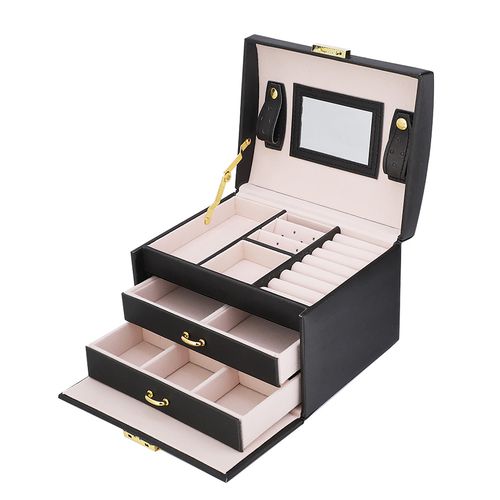 TEMU 3-tier Black Pu Leather Jewelry Storage Display Box With Mirror - Vintage Multi-compartment Organizer For Earrings, Necklaces, Bracelets, Ring