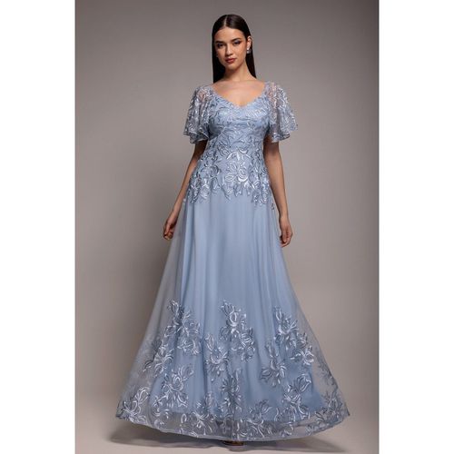 Goddiva Lace Flutter Sleeve Embroidered Mesh A Line Maxi Dress - Blue