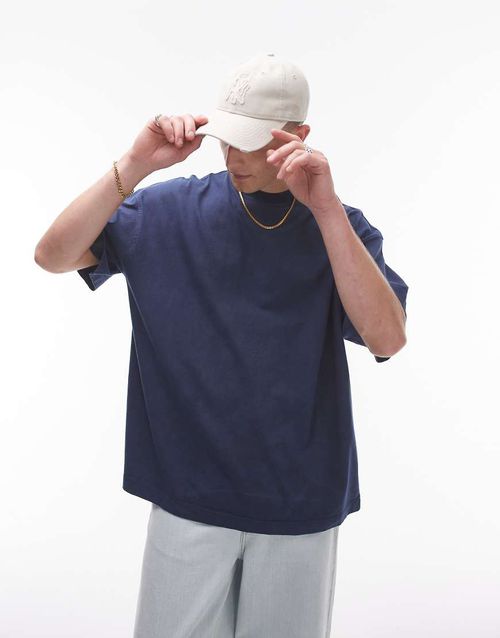 Topman oversized drop shoulder t-shirt in washed navy-pink