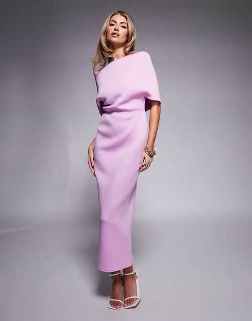Missyempire | Missyempire double sculpted slinky asymmetric fold over  shoulder drape detail bodycon maxi dress in lilac-Purple | Realry