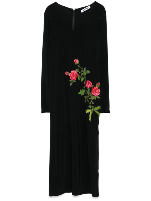 Black floral-embroidered midi dress