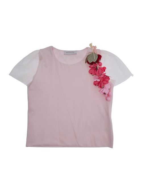 Tulle Floral Appliqué T-Shirt — Pink
