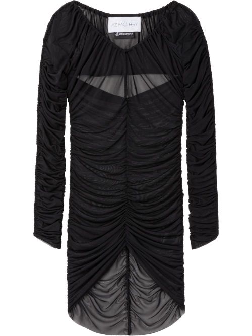 Ruched Cut-Out Mesh Blouse — Black
