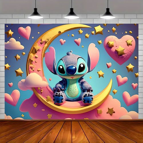 TEMU Stitch Polyester Blend Wall Decor - & Pink Background With Hearts, Stars, And Moon - For Indoor/outdoor, Birthdays, New Year, Valentine