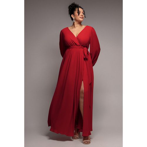 Goddiva Plus Wrap Back With Front Slit Chiffon Maxi Dress - Red