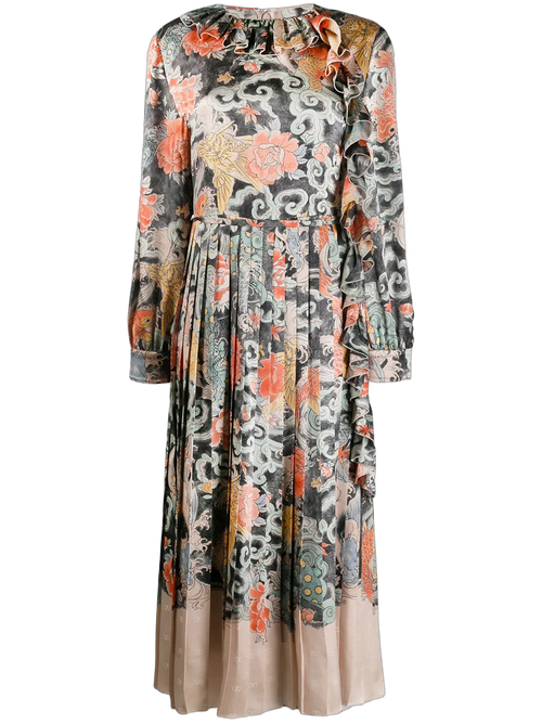Oriental Print Satin Dress — Gray