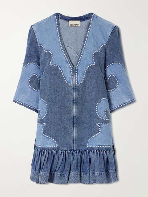 Jesse Ruffled Embroidered Denim Mini Dress - Blue
