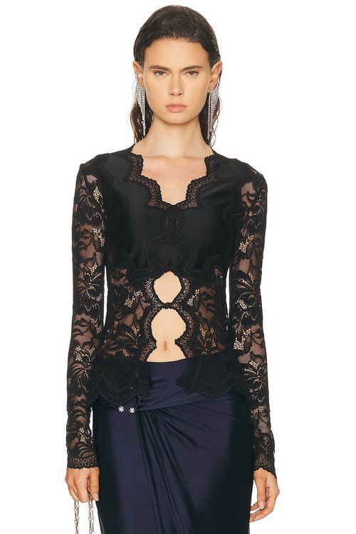 RABANNE Long Sleeve Lace Top in Black