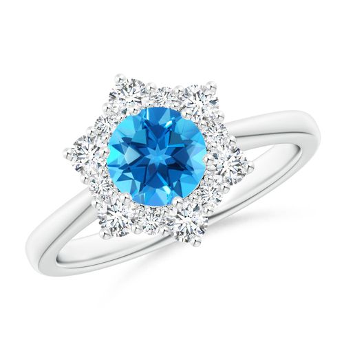 Angara 0.95 Carat Swiss Blue Topaz and Diamond Floral Halo Engagement Ring in Platinum