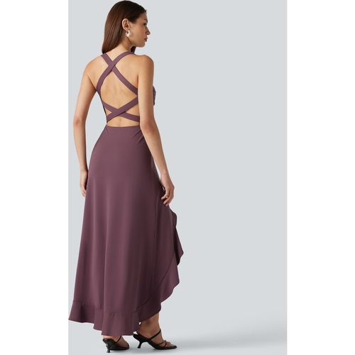 Halara Crisscross Backless Split Ruffle Hem Built-in Bra Midi Party Flowy Dress - Plum Wine