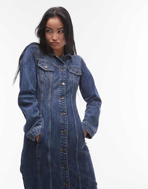 Topshop denim long sleeve maxi dress with cinch adjuster in mid blue