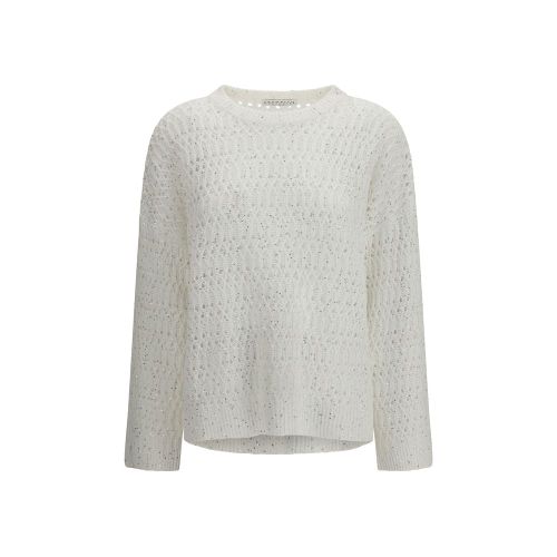 Openwork Silk with All-Over Sequins Sweater — White