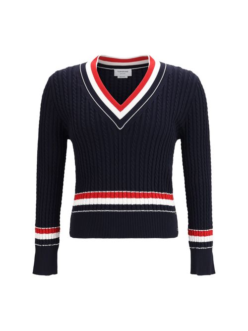 Cable-Knit V-Neck Sweater — Navy