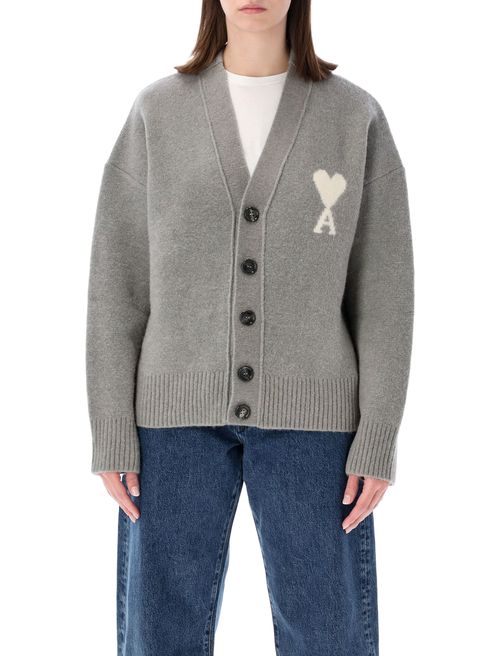 Alpaca-Blend V-Neck Cardigan with Intarsia Heart Detail and Horn Button Closure