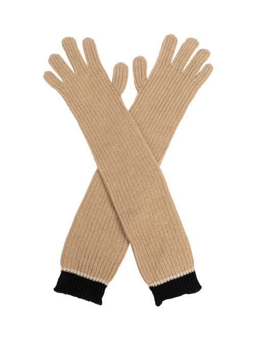Two-Tone Ribbed Long Gloves — Beige
