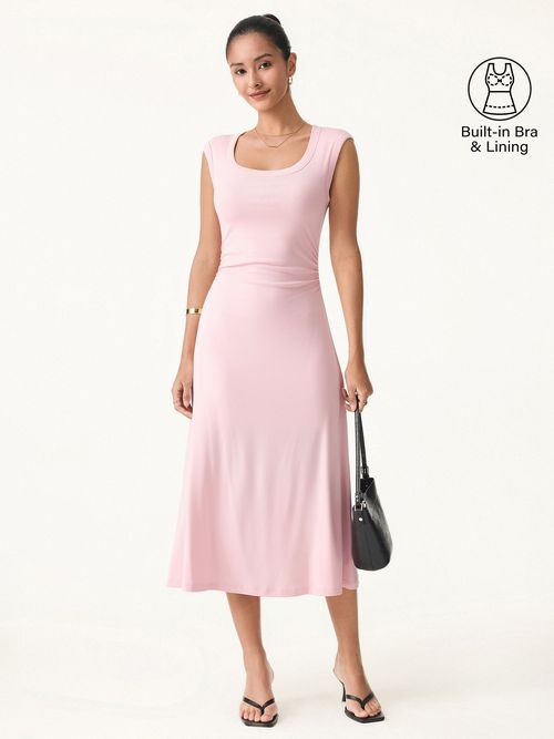 Scoop Neck Side Ruched New Airy Brami Midi Dress - Light Pink