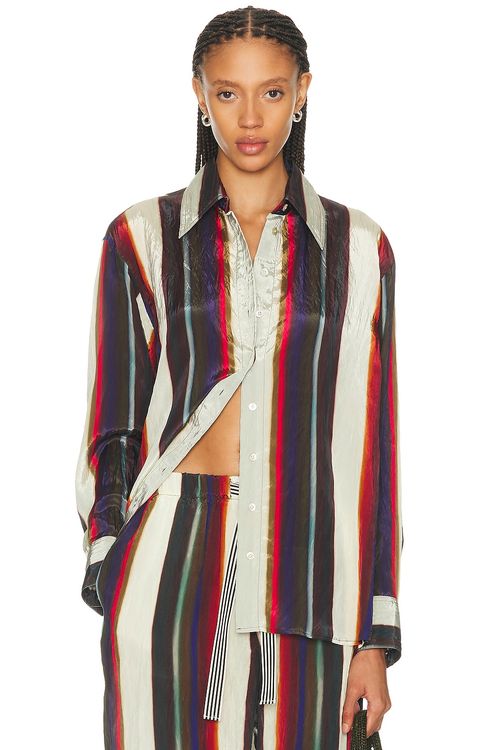 Christopher John Rogers Morris Stripe Classic Shirt in Calla Lily Multi - Red. M also in L