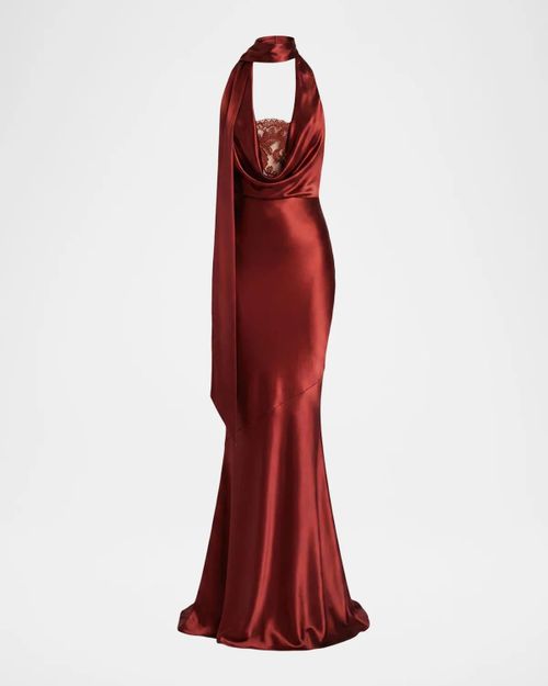 Melly Satin Lace-Trim Scarf Gown