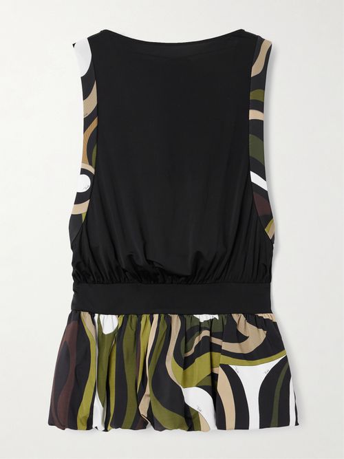 Open-back Gathered Printed Stretch-satin Jersey Mini Dress - Black