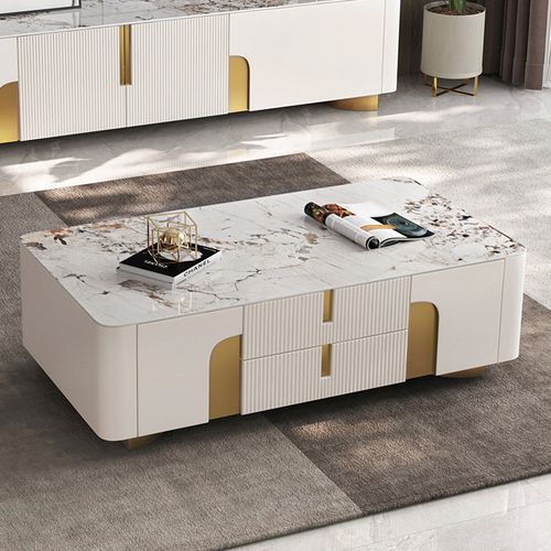 Artus moderner rechteckiger Couchtisch mit Schubladen aus Sinterstein in Beige