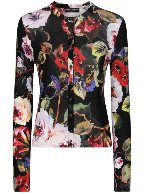 Floral-print silk cardigan - Black